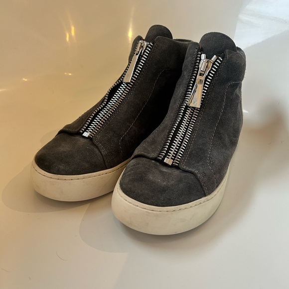 Frye Shoes - Frye Dark Gray Suede Front-Zip Wedge Sneakers
